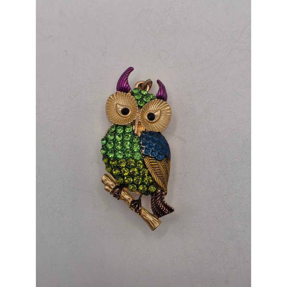 Gold Tone Multi Color Rhinestone Owl Pendant Horned Bird Statement Jewelry - Picture 1 of 3